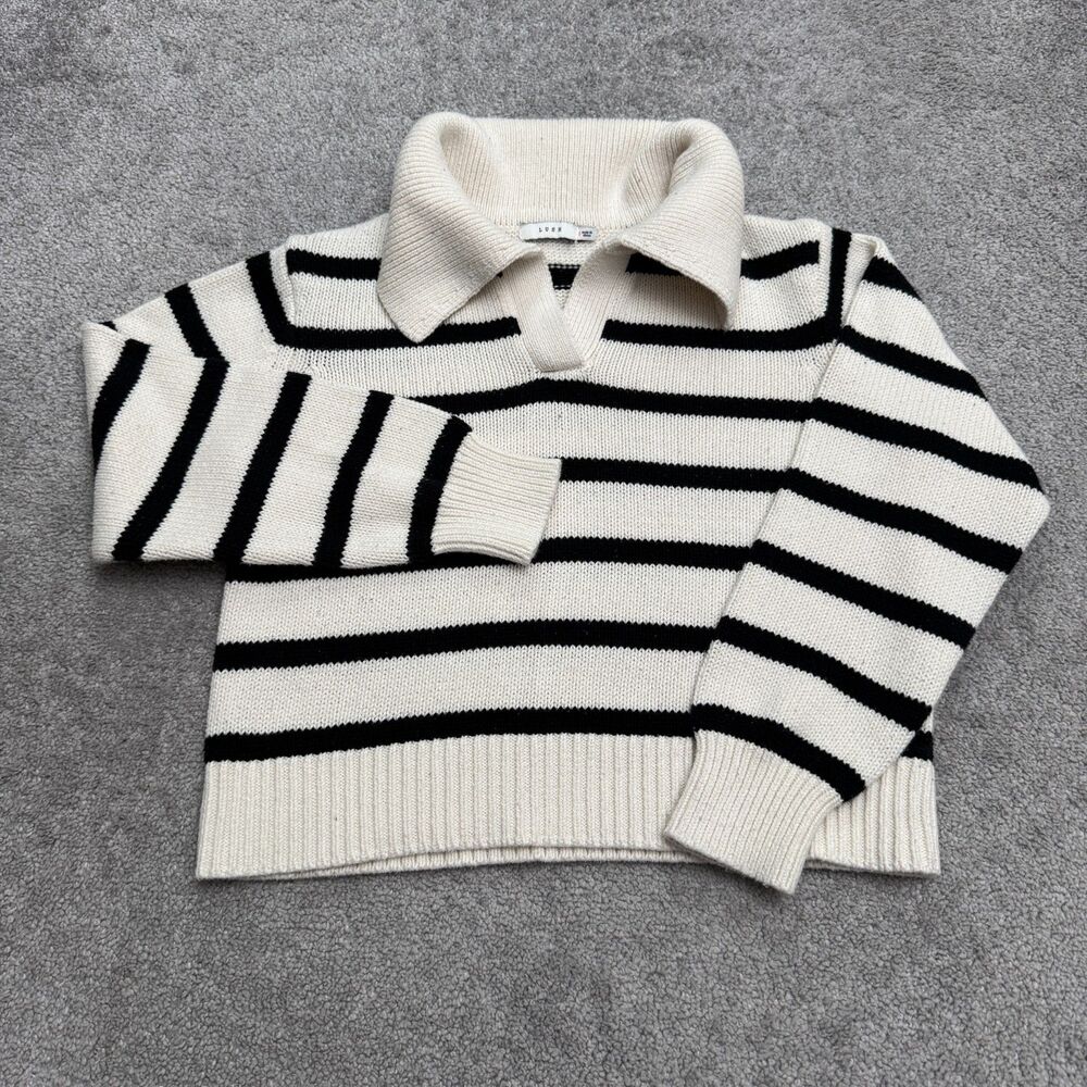 Lush Striped Collar Knit Pullover Crop Sweater Womens S White Black Heavyweight